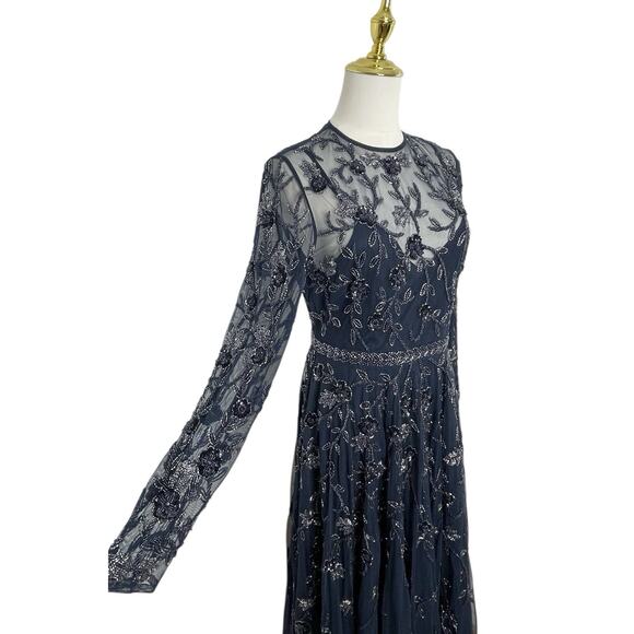 Mac Duggal 10799 Navy Beaded Illusion High Neck Long Sleeve Dress Size 6 $398 - Picture 2 of 10